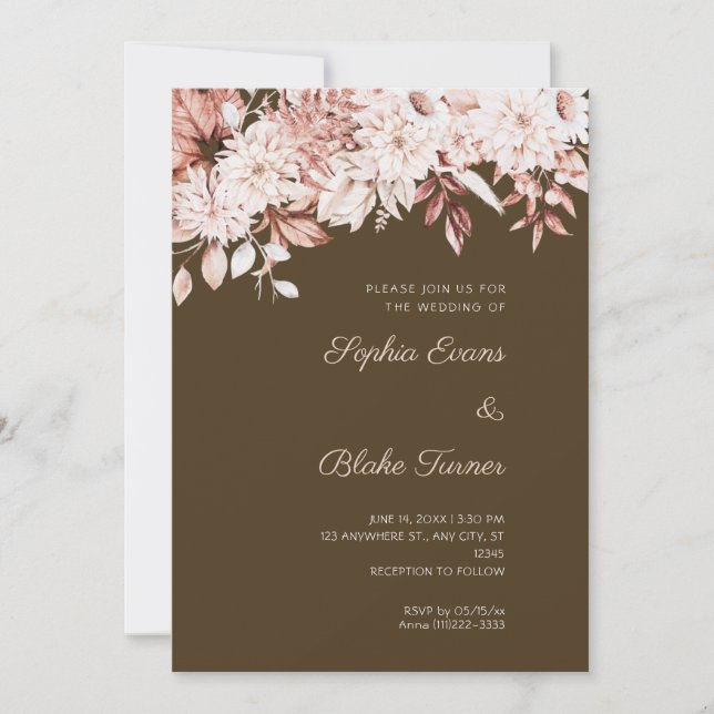 Convites Boho Floral Branco Inverno Café Marrom Casamento (Frente)
