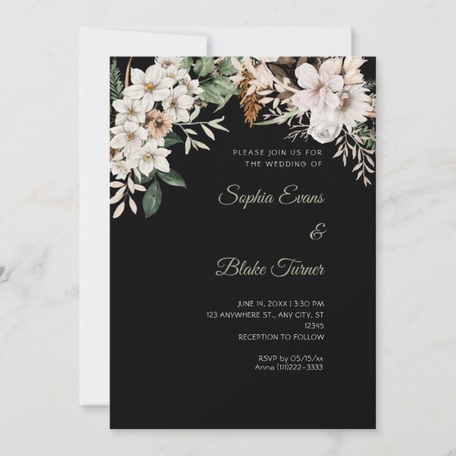 Convites Boho Floral Branco Inverno Casamento Preto (Frente)