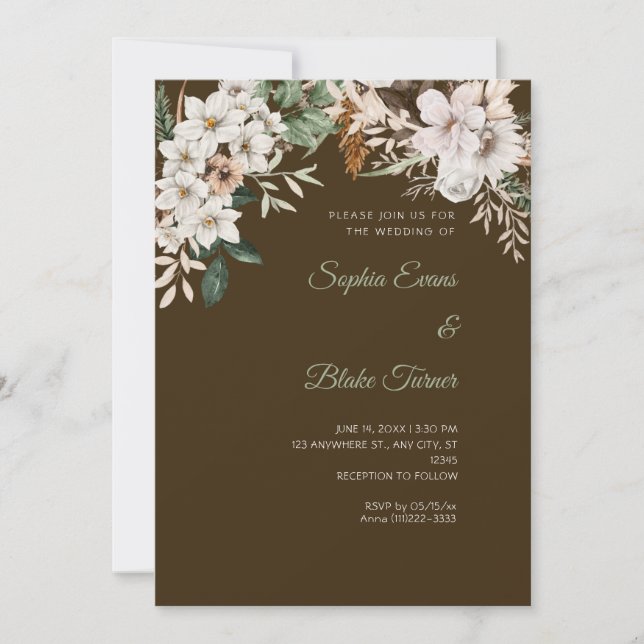 Convites Boho Floral Branco Mocha Marrom Casamento (Frente)