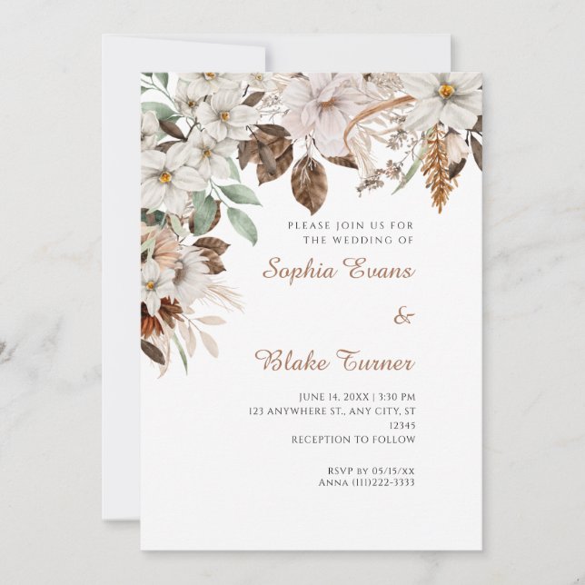 Convites Boho Floral Branco Outono Casamento Branco (Frente)