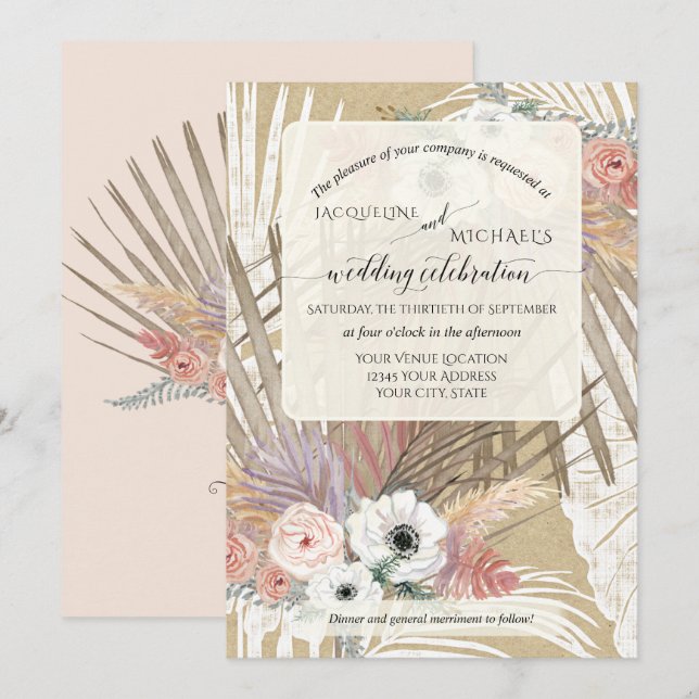 Convites BOHO Floral Branco Rústico Grama Pampas Tropical (Frente/Verso)