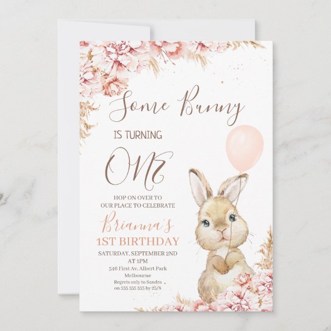 Convites Boho Floral Bunny Balloon primeiro aniversario Con (Frente)