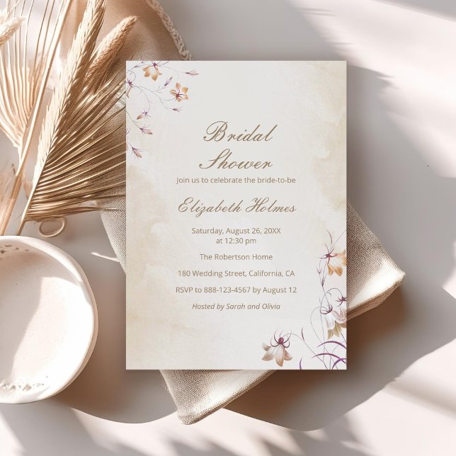 Convites Boho Floral Chá de panela (Boho Floral Bridal Shower Invitation on a neutral boho table.)
