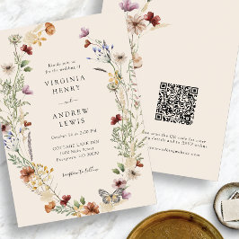 Convites Boho Floral Código QR Casamento
