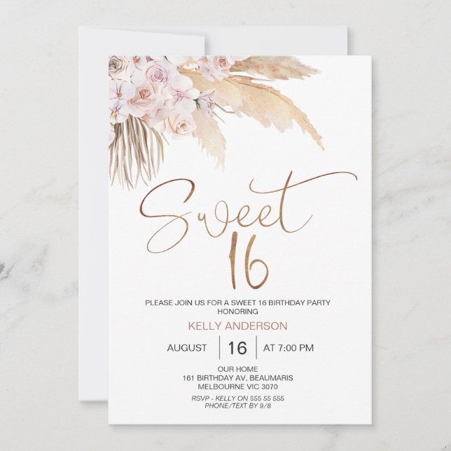 Convites Boho Floral Com Pampas Sweet 16 Aniversário (Frente)