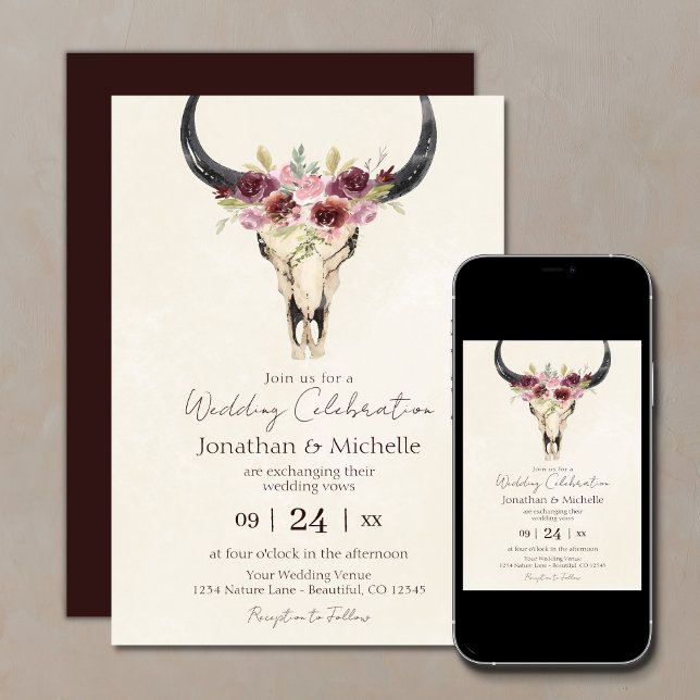 Convites Boho Floral Cow Skull Burgundy e Cream Weds (Criador carregado)