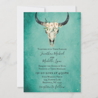 Convites Boho Floral Cow Skull no Casamento Turquesa