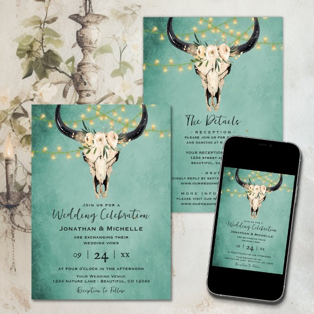 Convites Boho Floral Cow Skull Turquoise Tudo em Um Casamen (Boho Floral Cow Skull Turquoise All in One Wedding Invitation
)