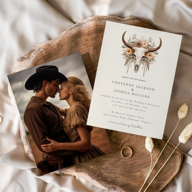 Convites Boho Floral Crânio Ocidental Foto Casamento  (Criador carregado)