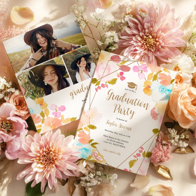 Convites Boho Floral Dourado Geométrico Moderno Foto Gradua (Boho Floral Gold Geometric Modern Photo Graduation Invitation)