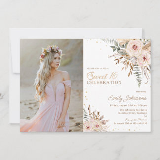 Convites Boho Floral Dourado Glitter Sweet 16 Foto