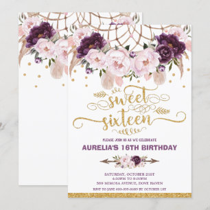 Convites Boho Floral Dream Catcher Sweet 16º Aniversário