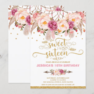 Convites Boho Floral Dream Catcher Sweet 16º Aniversário