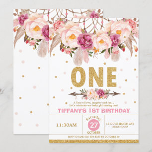 Convites Boho Floral Drecher primeiro aniversario Tribal Gi