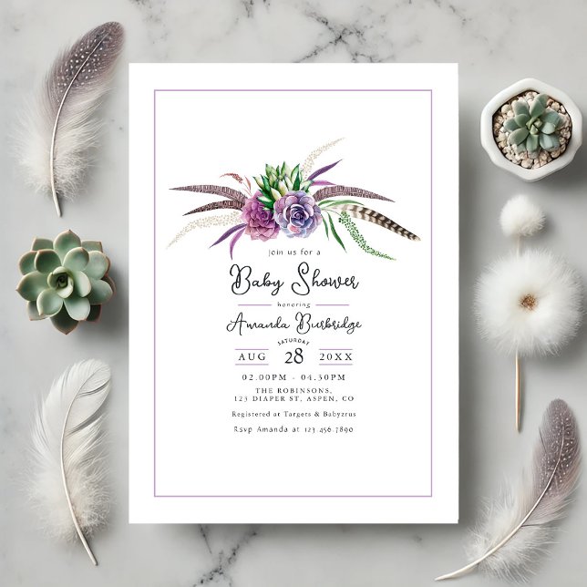 Convites Boho Floral e Chá de fraldas de penas (Boho Floral and Feather Baby Shower Invitation)