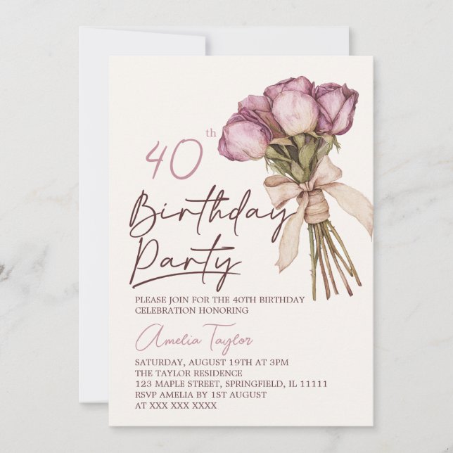 Convites Boho Floral Elegante 40º Aniversário (Frente)
