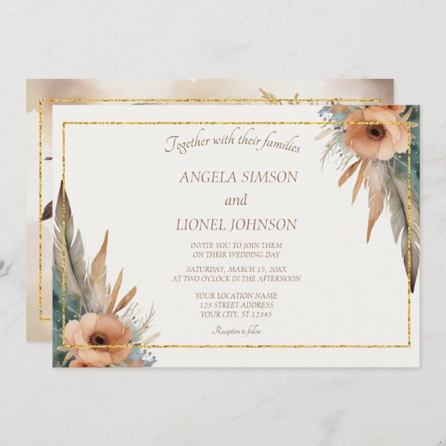 Convites Boho Floral Feather Dreamcatcher Wedding (Frente/Verso)