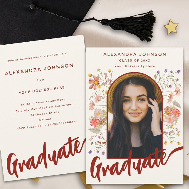 Convites Boho Floral Fim de Curso Foto Roteiro Festa de For (Boho floral burnt orange script graduate photo arch Graduation party invitation)