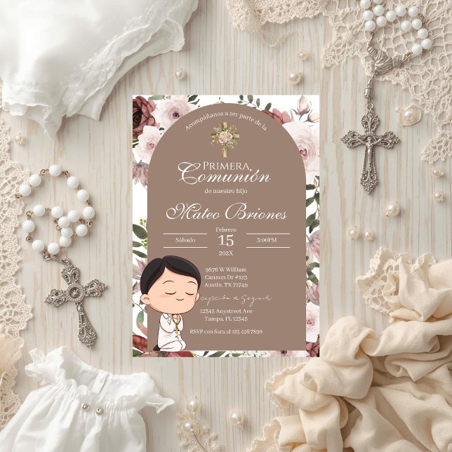 Convites Boho Floral First Communion Invitation (Criador carregado)