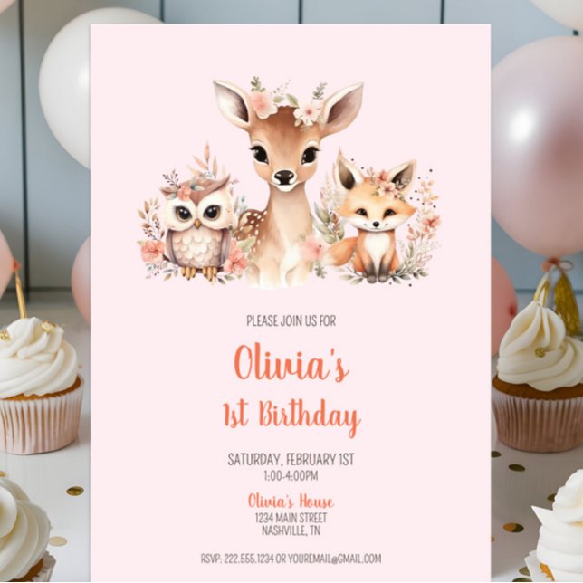 Convites Boho Floral Floral primeiro aniversario (Boho Blush Pink Floral Woodland Animal 1st Birthday Invitation, Girl Birthday Party, Deer Owl Fox)