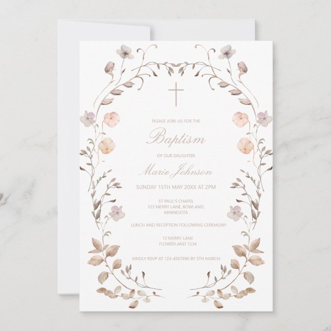 Convites Boho floral girl Baptism invitation template (Frente)