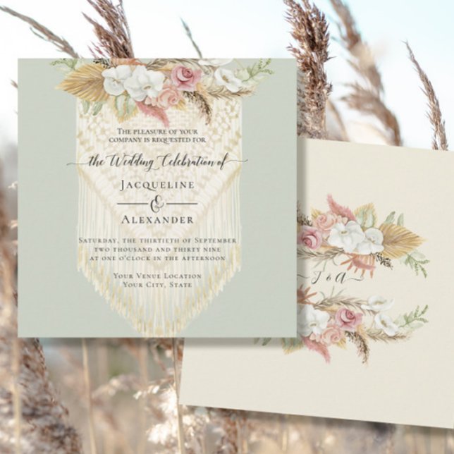 Convites BoHO Floral Greenery Pampas Grass Mint Casamento (Criador carregado)