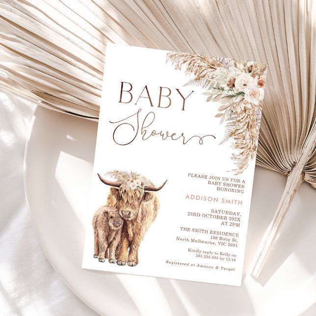 Convites Boho Floral Highland Cow Chá de fraldas (Boho Floral Highland Cow baby Shower Invitation, Cow Calf Baby Shower Invite, Holy Cow Bohemian )