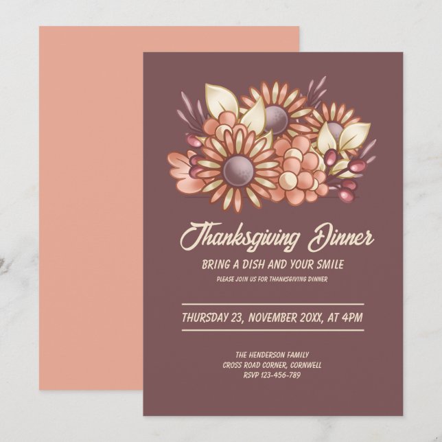 Convites Boho floral Jantar de Ação de Graças marrom (Frente/Verso)