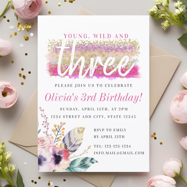 Convites Boho Floral Jovem Selvagem e Três Aniversário de M (Criador carregado)