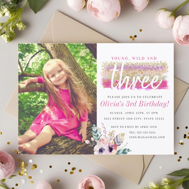 Convites Boho Floral Jovem Selvagem e Três Aniversário Foto (Criador carregado)