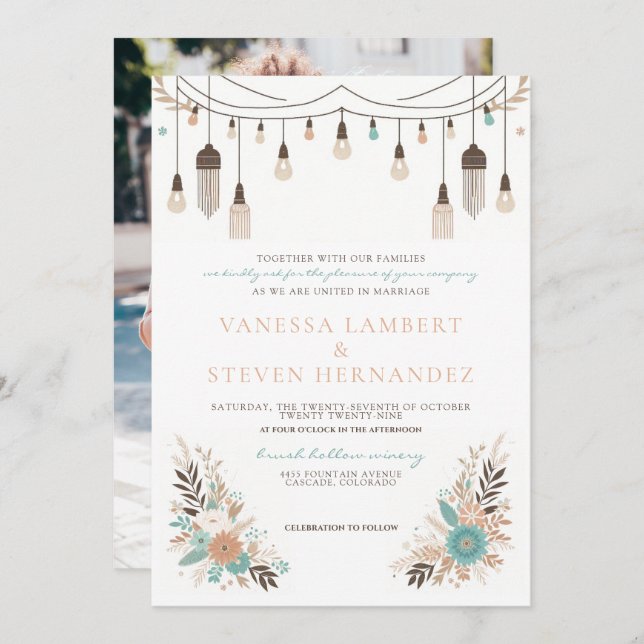 Convites Boho Floral Lights Wedding (Frente/Verso)