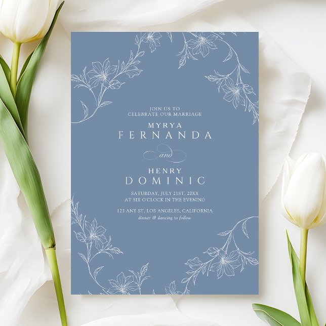 Convites Boho Floral Line Art Dusty Blue Wedding (Criador carregado)