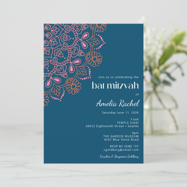 Convites Boho Floral Mandala Teal Blue Bat Mitzvah (Em pé/Frente)