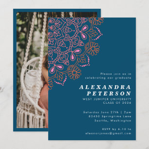Convites Boho Floral Mandala Teal Blue Festa de formatura