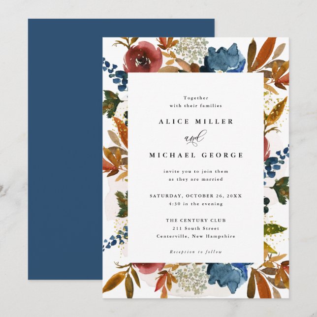 Convites Boho Floral, marinho & Rust Watercolor (Frente/Verso)