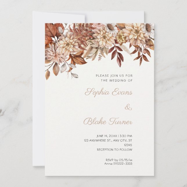 Convites Boho Floral Marrom Inverno Casamento Off White (Frente)