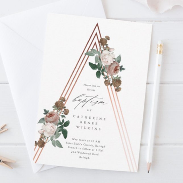 Convites Boho Floral Moderno Religioso Batismo e Batizado (A boho baby baptism with vintage floral greenery and rose gold structure.)