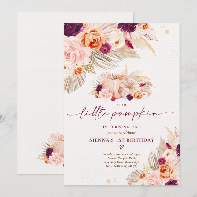 Convites Boho Floral Nosso Pequeno primeiro aniversario De  (Frente/Verso)