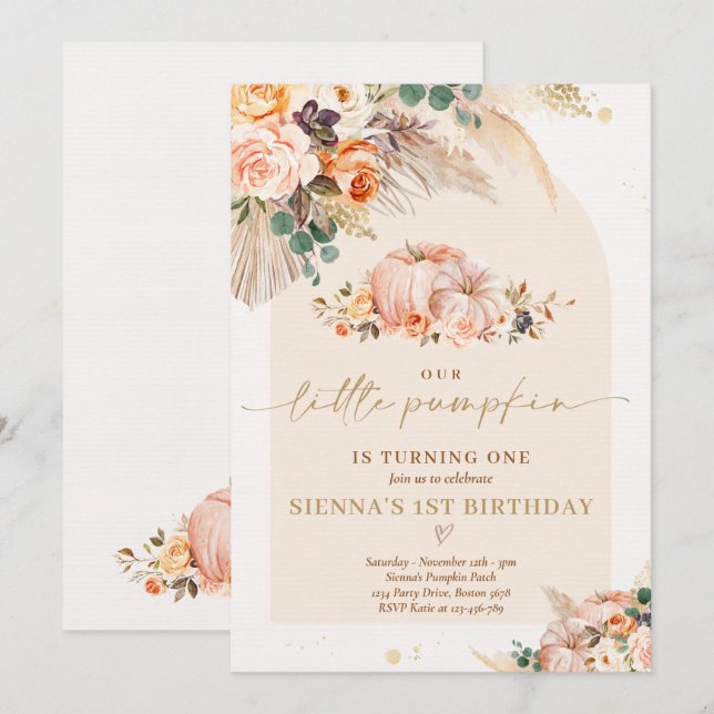 Convites Boho Floral Nosso Pequeno primeiro aniversario De  (Frente/Verso)