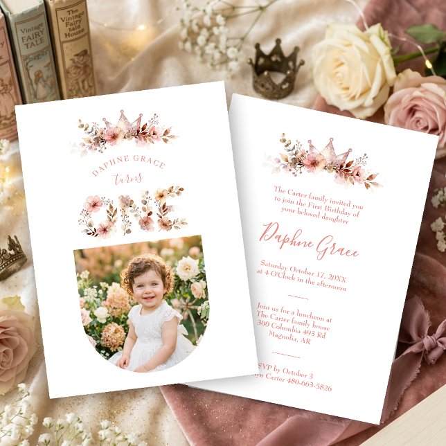 Convites Boho Floral One Word Pink First Birthday  (Boho Floral One Word Pink First Birthday Invitation with Romantic Watercolor Effect Wildflowers.)