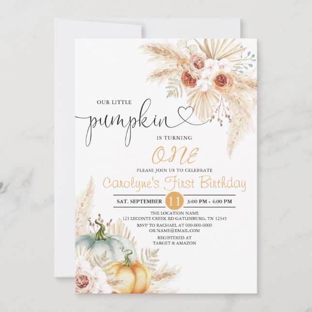 Convites Boho Floral Our Little Pumpkin Birthday Party (Frente)