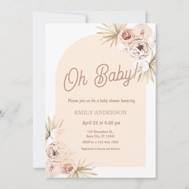Convites Boho Floral Pampas Grass Baby Shower (Frente)