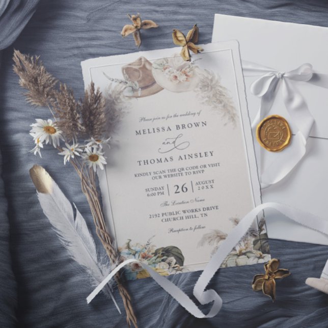 Convites  Boho Floral Pampas Grass Rustic QR Code Wedding (Criador carregado)