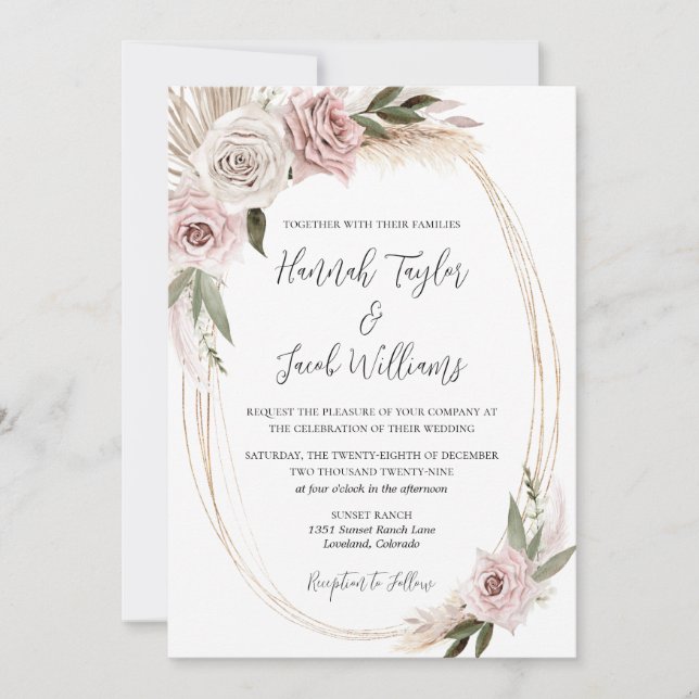 Convites Boho Floral Pampas Grass Wedding (Frente)