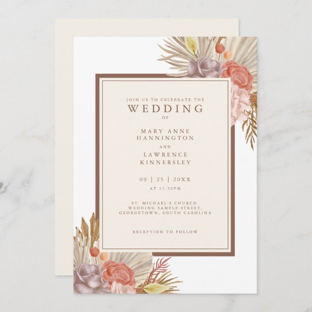 Convites Boho Floral Pampas Grass Wedding (Frente/Verso)