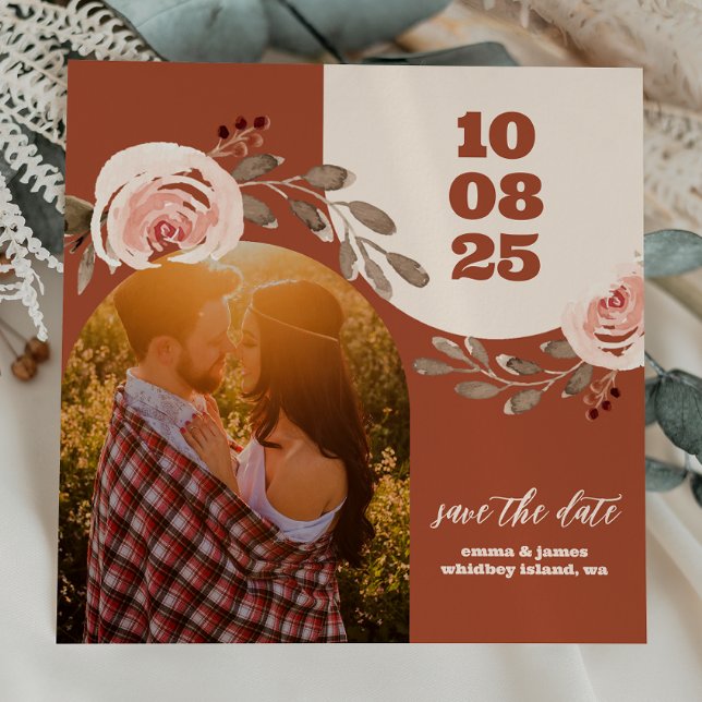 Convites Boho Floral Photo Save the Date Card Burnt Orange (Criador carregado)