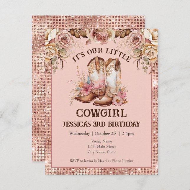 Convites Boho Floral Pink Cowgirl Birthday Rodeo (Frente/Verso)
