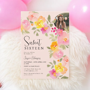 Convites Boho Floral Pink Watercolor Foto Sweet 16