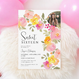 Convites Boho Floral Pink Watercolor Foto Sweet 16