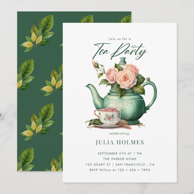 Convites Boho Floral Primavera | Teacup Tea Party (Frente/Verso)